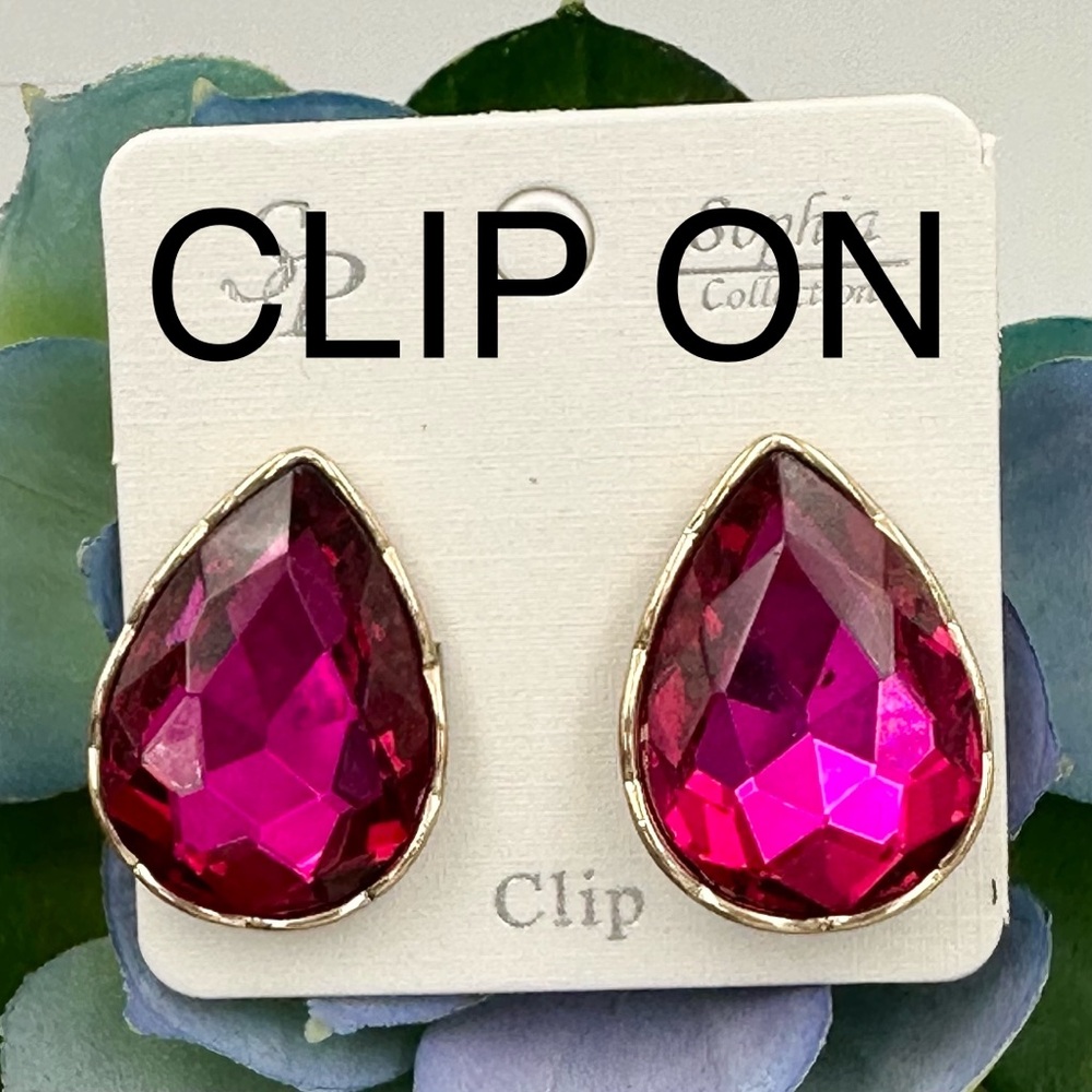Large Fuchsia Dark Pink Teardrop Clip On Earrings